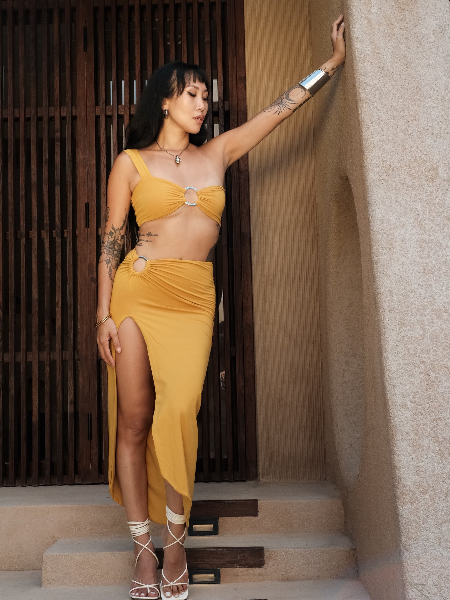 Ring Toga Top & Ring Asymmetric Skirt (Mustard)