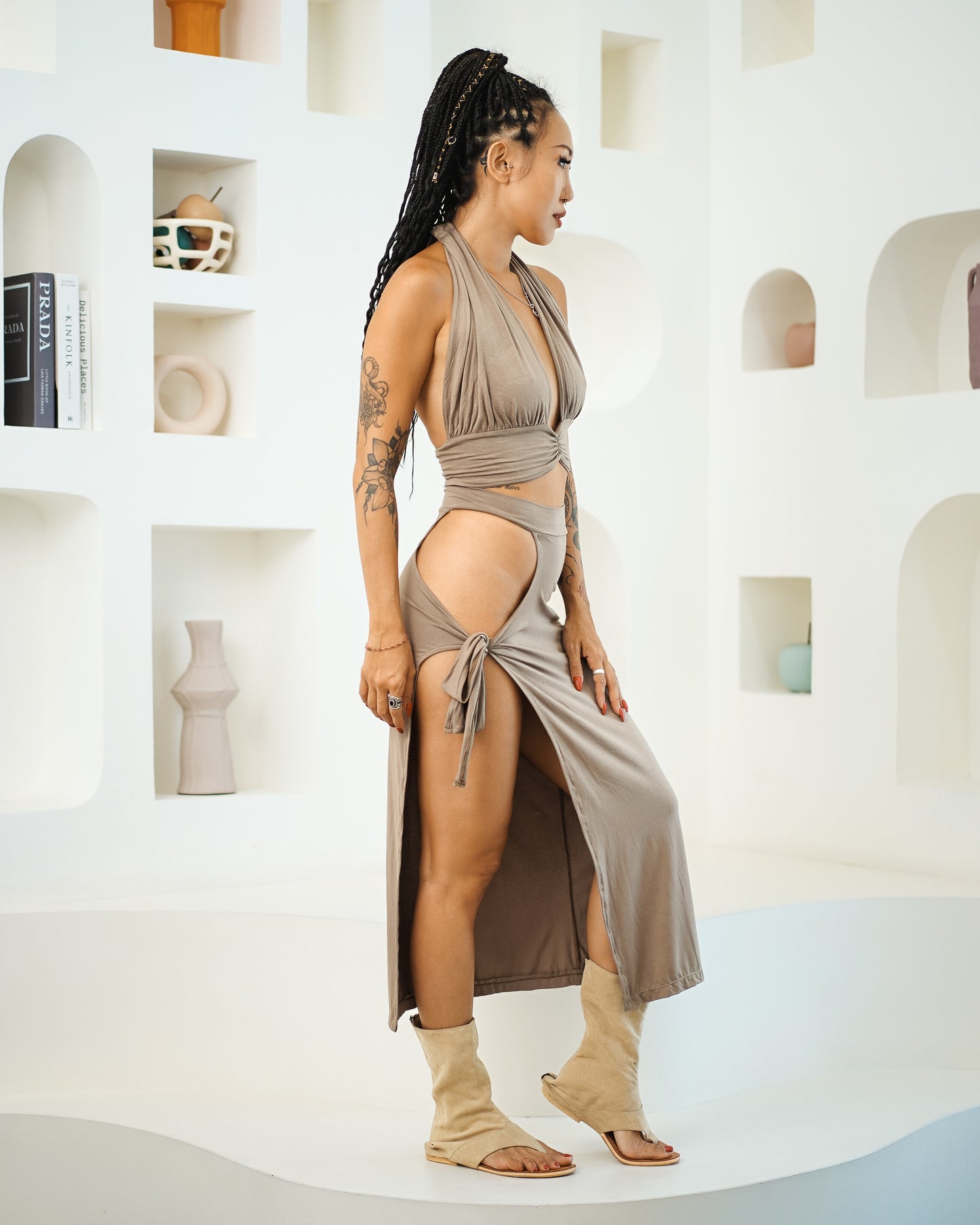 Halter Backless Top & Keyhole Midi Skirt (Sable)