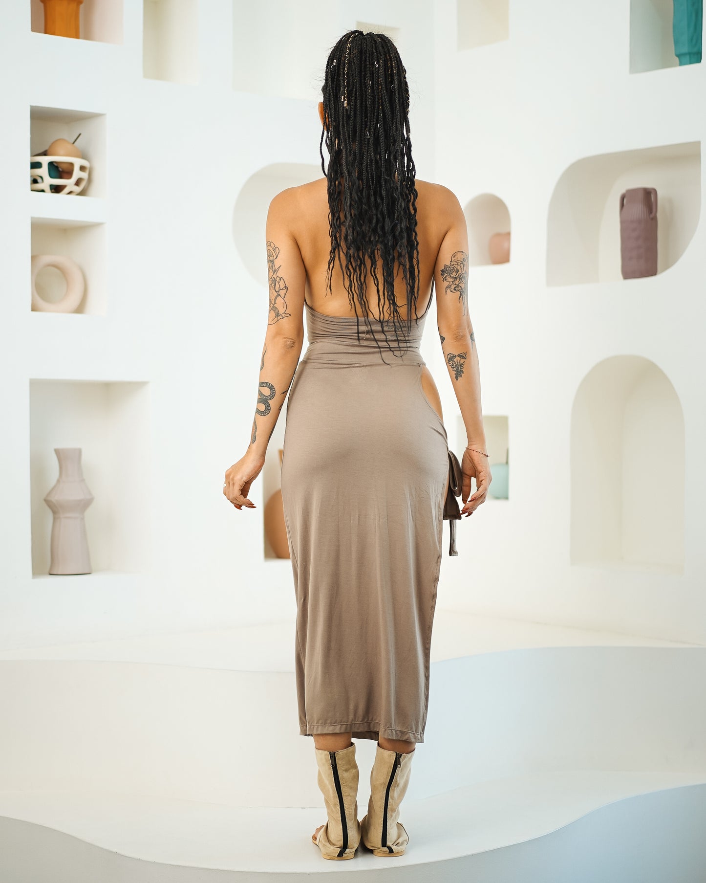 Halter Backless Top & Keyhole Midi Skirt (Sable)