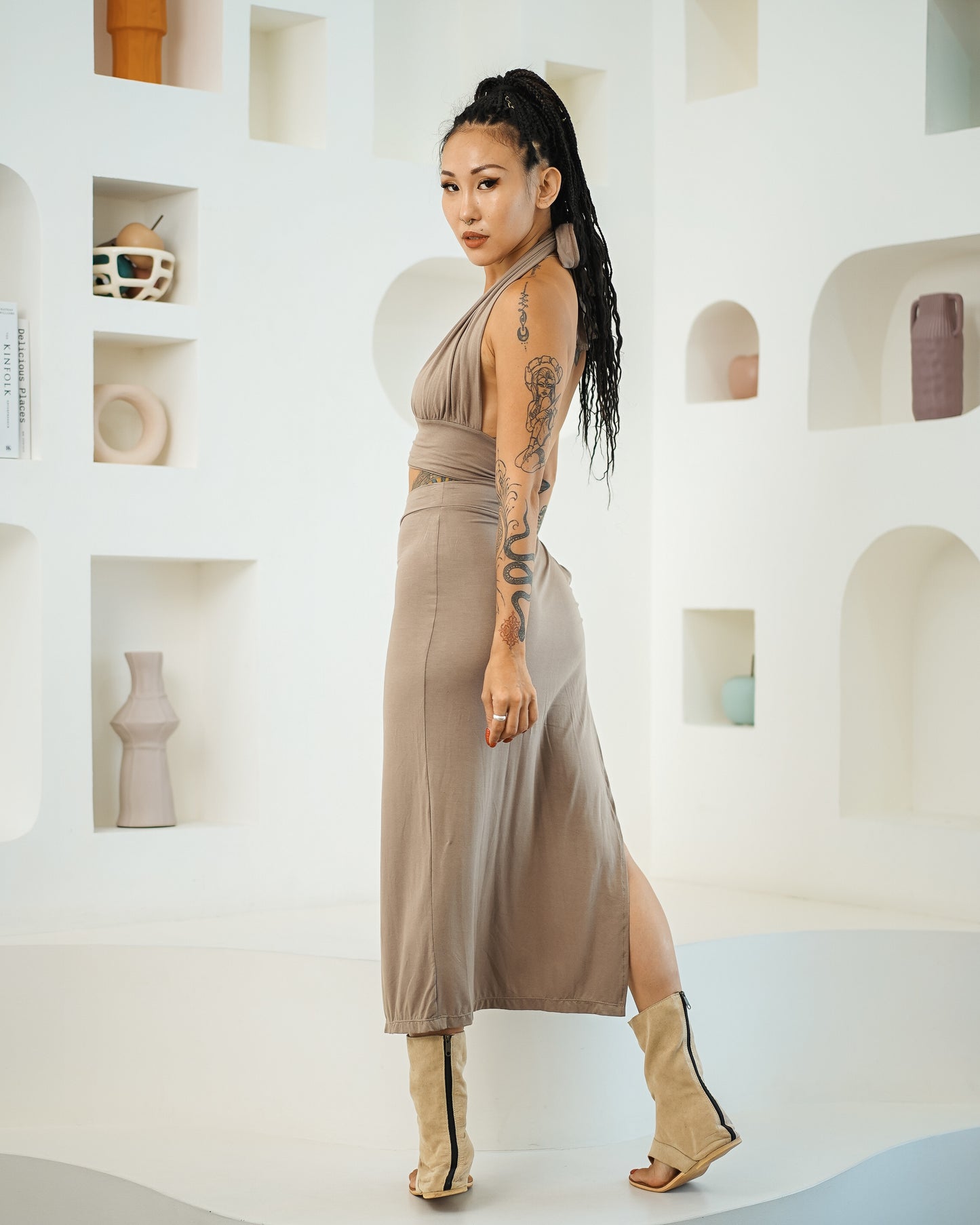 Halter Backless Top & Keyhole Midi Skirt (Sable)