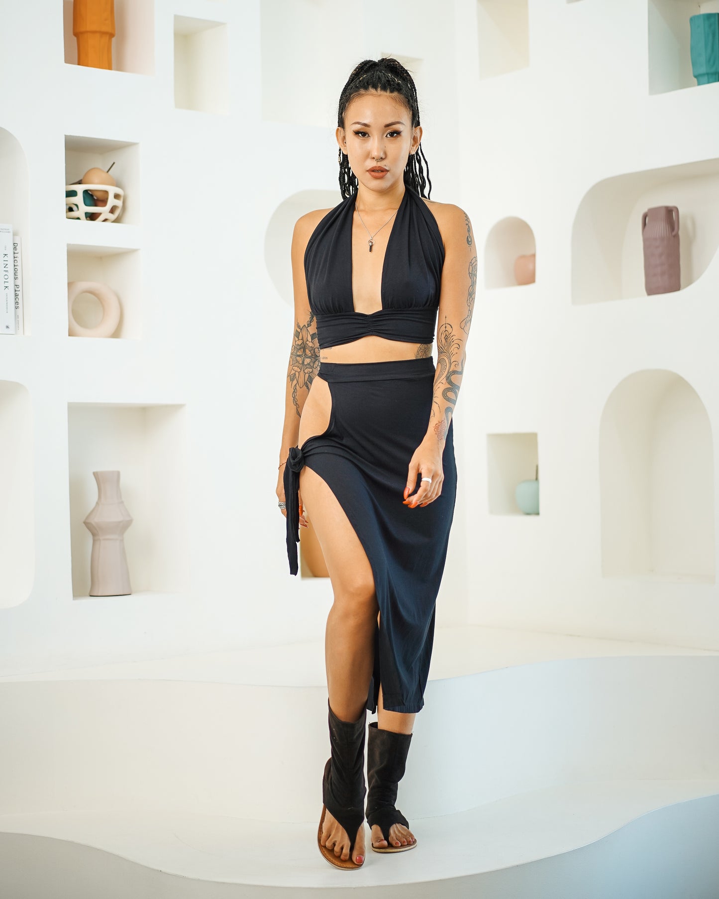 Halter Backless Top & Keyhole Midi Skirt (Black)
