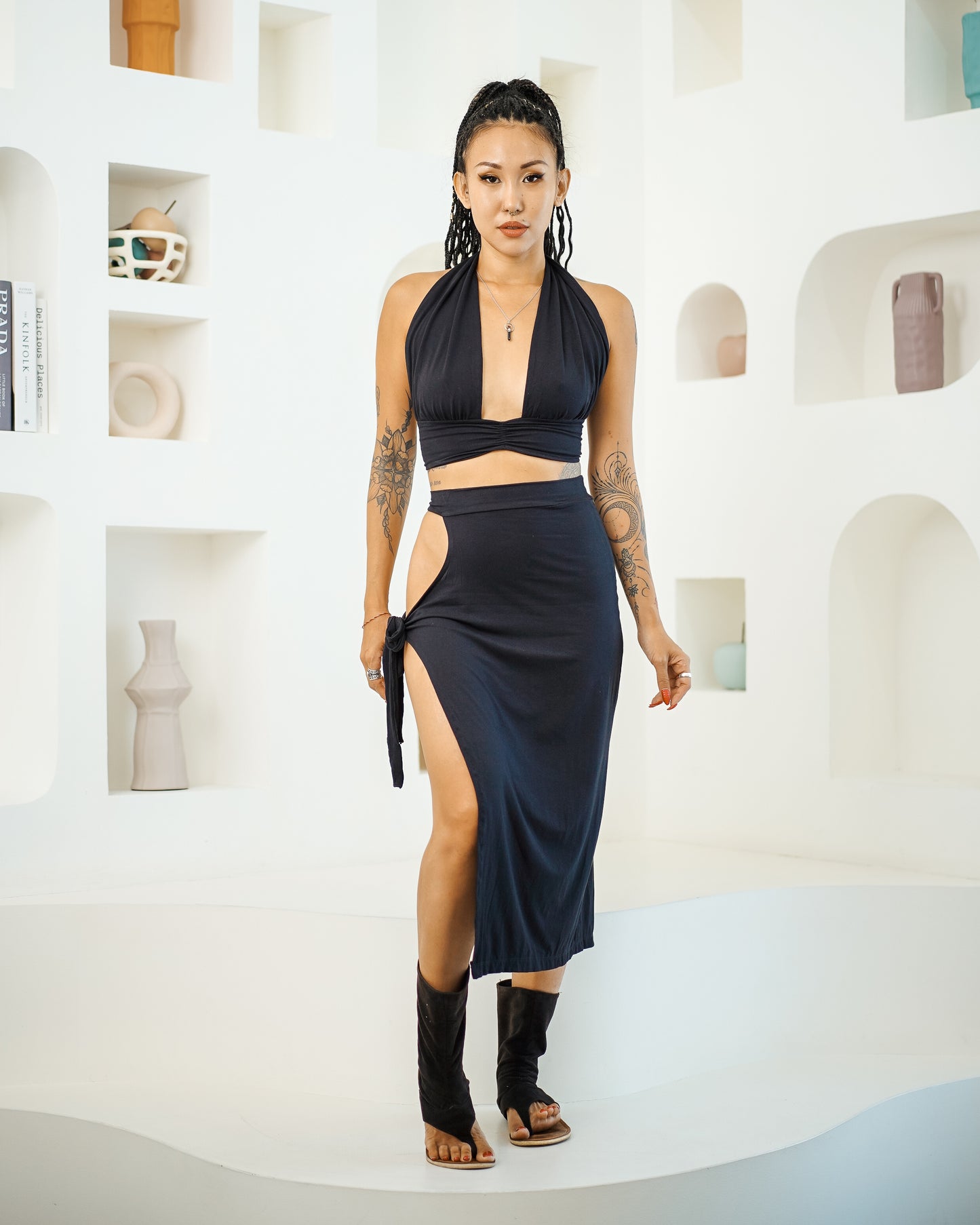 Halter Backless Top & Keyhole Midi Skirt (Black)