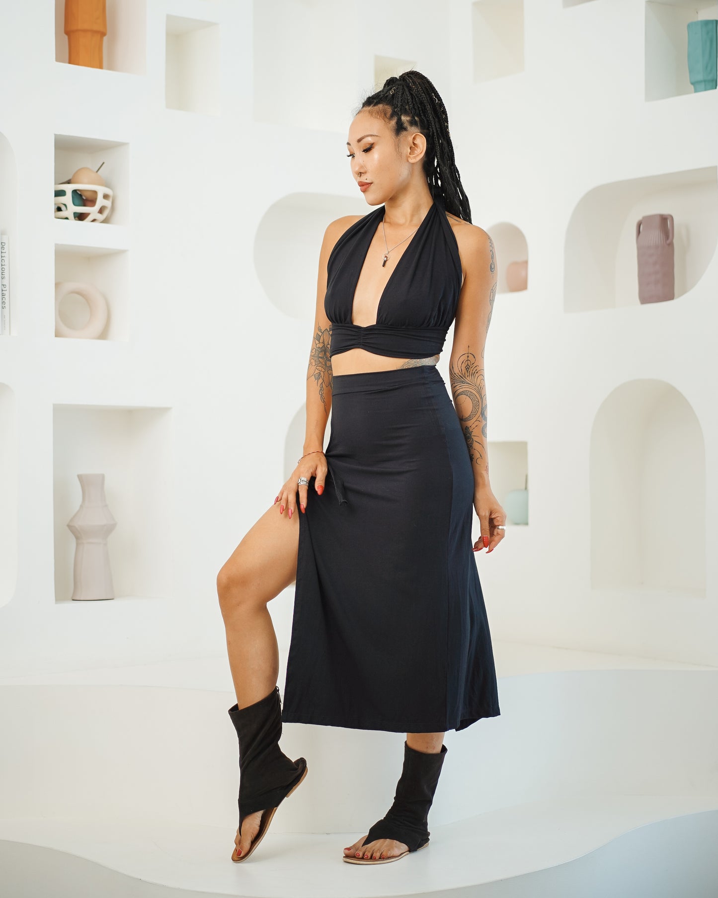 Halter Backless Top & Keyhole Midi Skirt (Black)