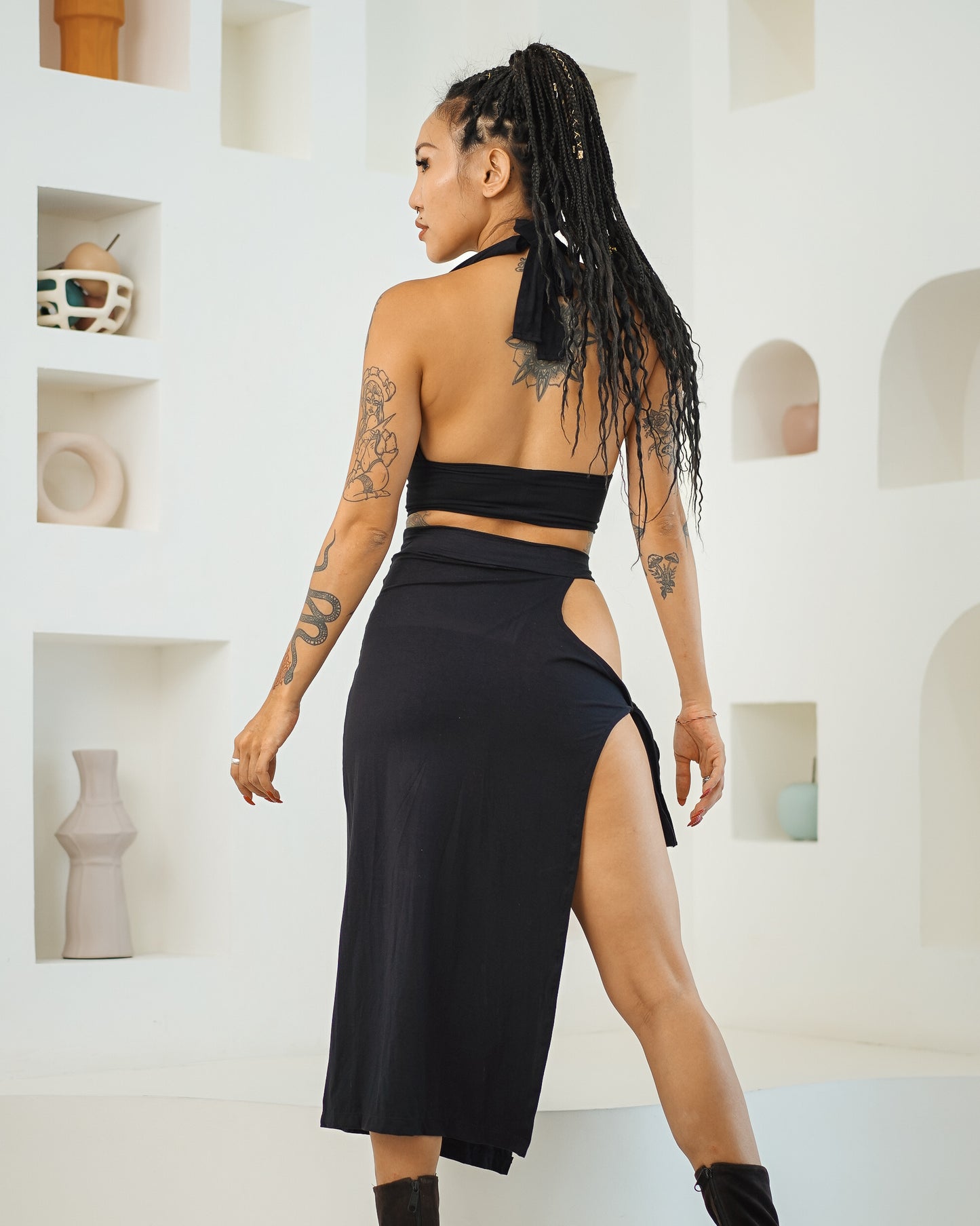 Halter Backless Top & Keyhole Midi Skirt (Black)