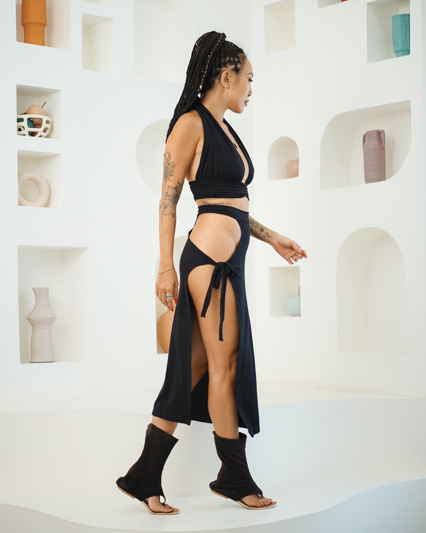 Halter Backless Top & Keyhole Midi Skirt (Black)