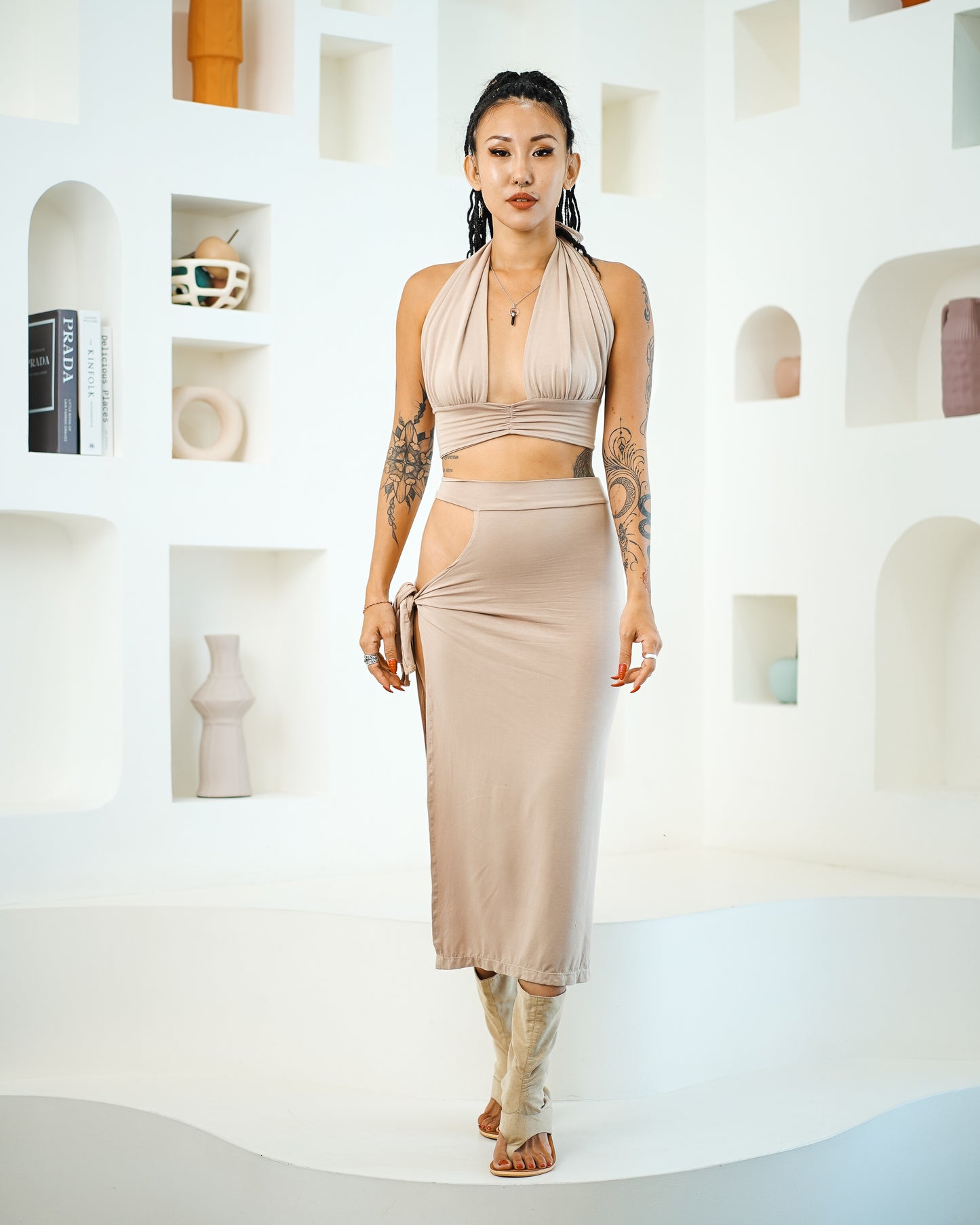 Halter Backless Top & Keyhole Midi Skirt (Taupe)