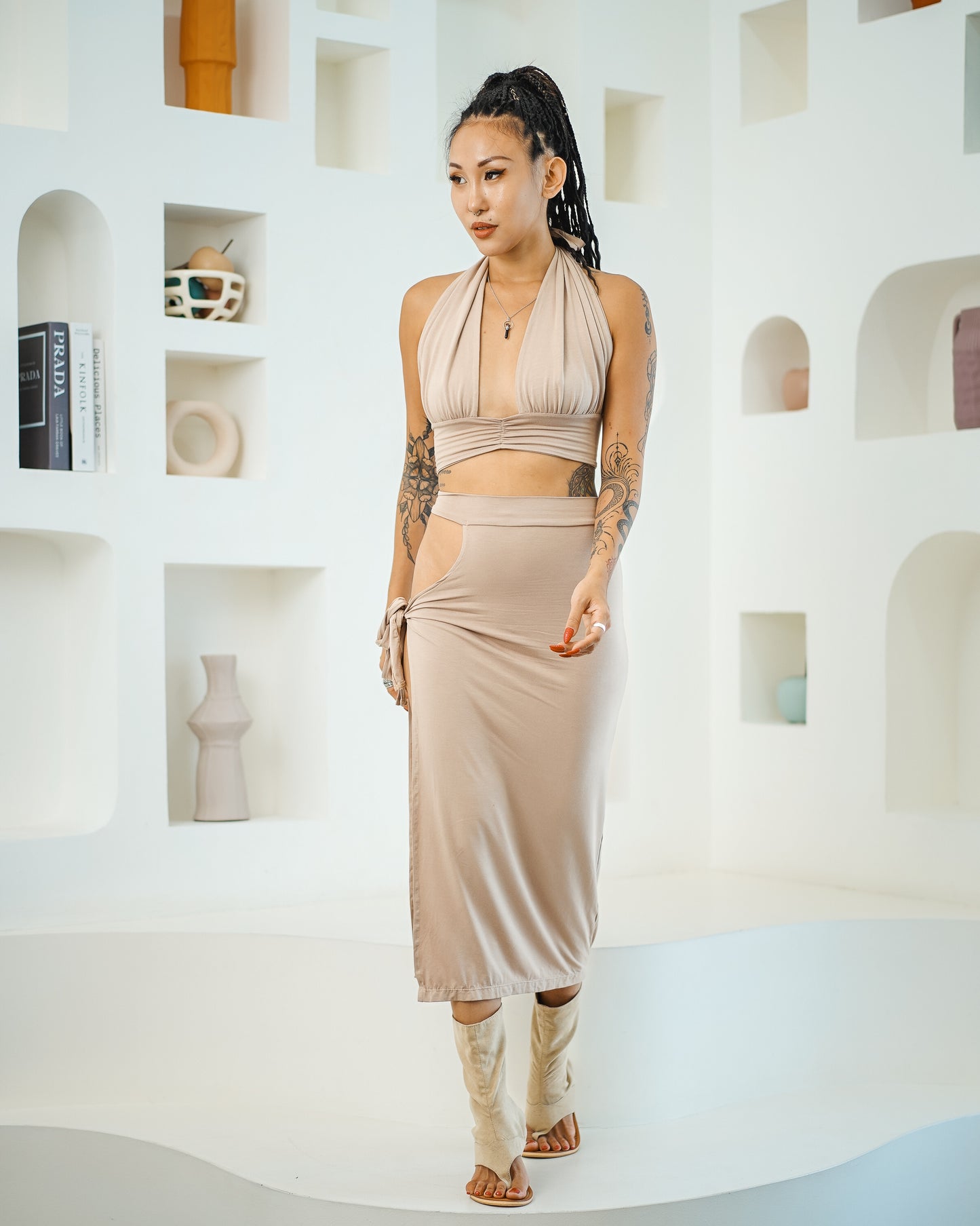 Halter Backless Top & Keyhole Midi Skirt (Taupe)