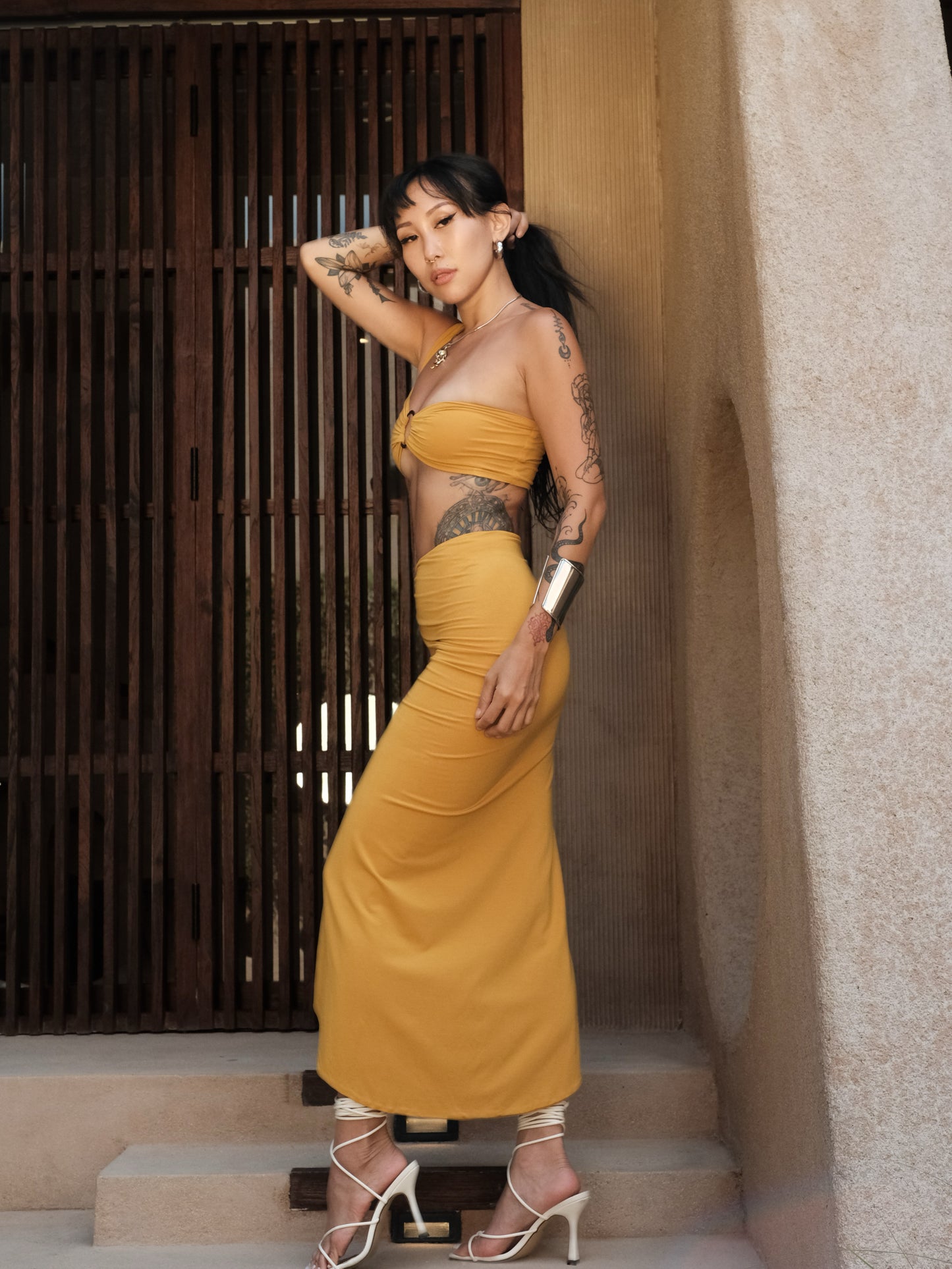 Ring Toga Top & Ring Asymmetric Skirt (Mustard)