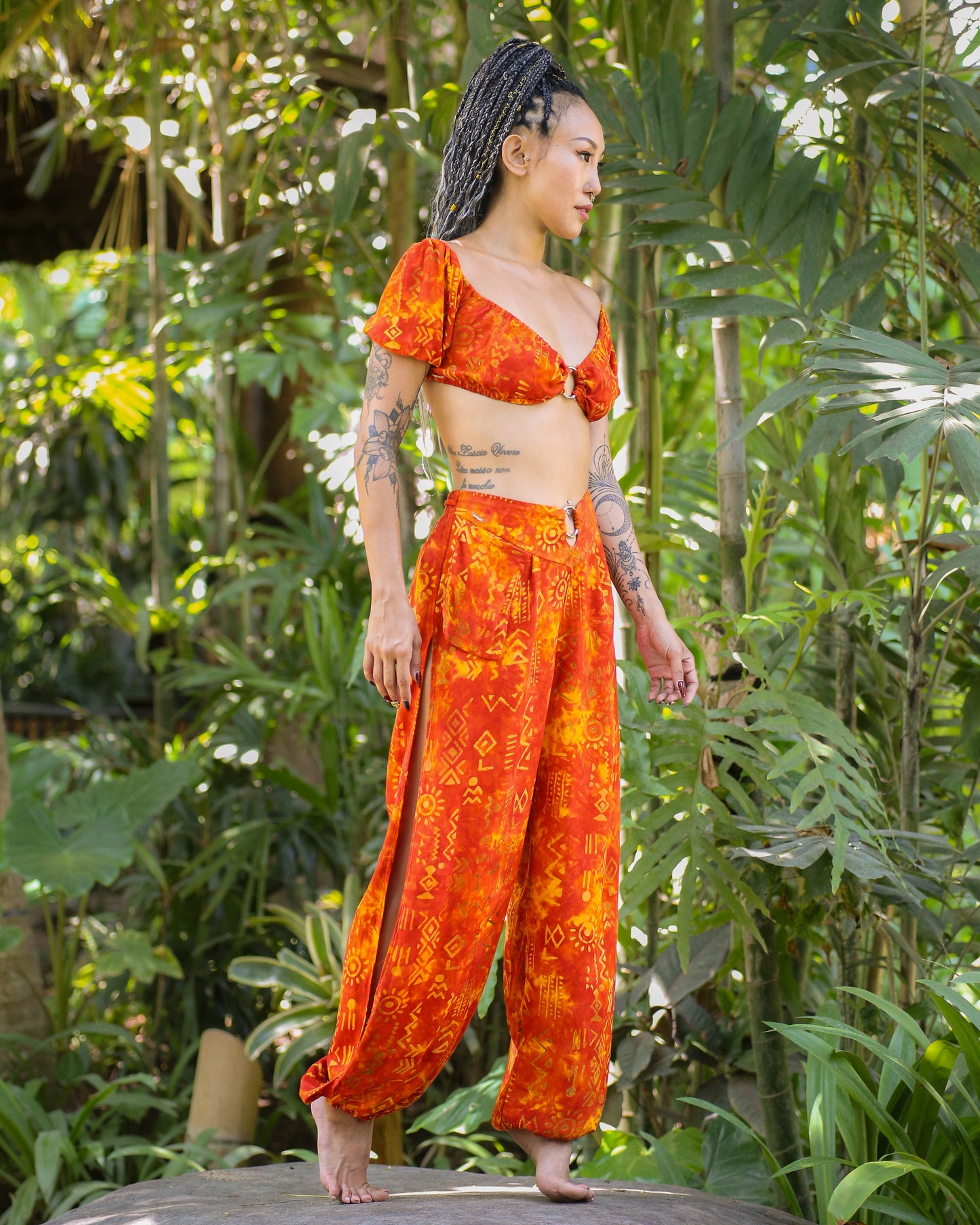 Jasmine Ring Top & Ring Split Pants Set (Orange Motif)