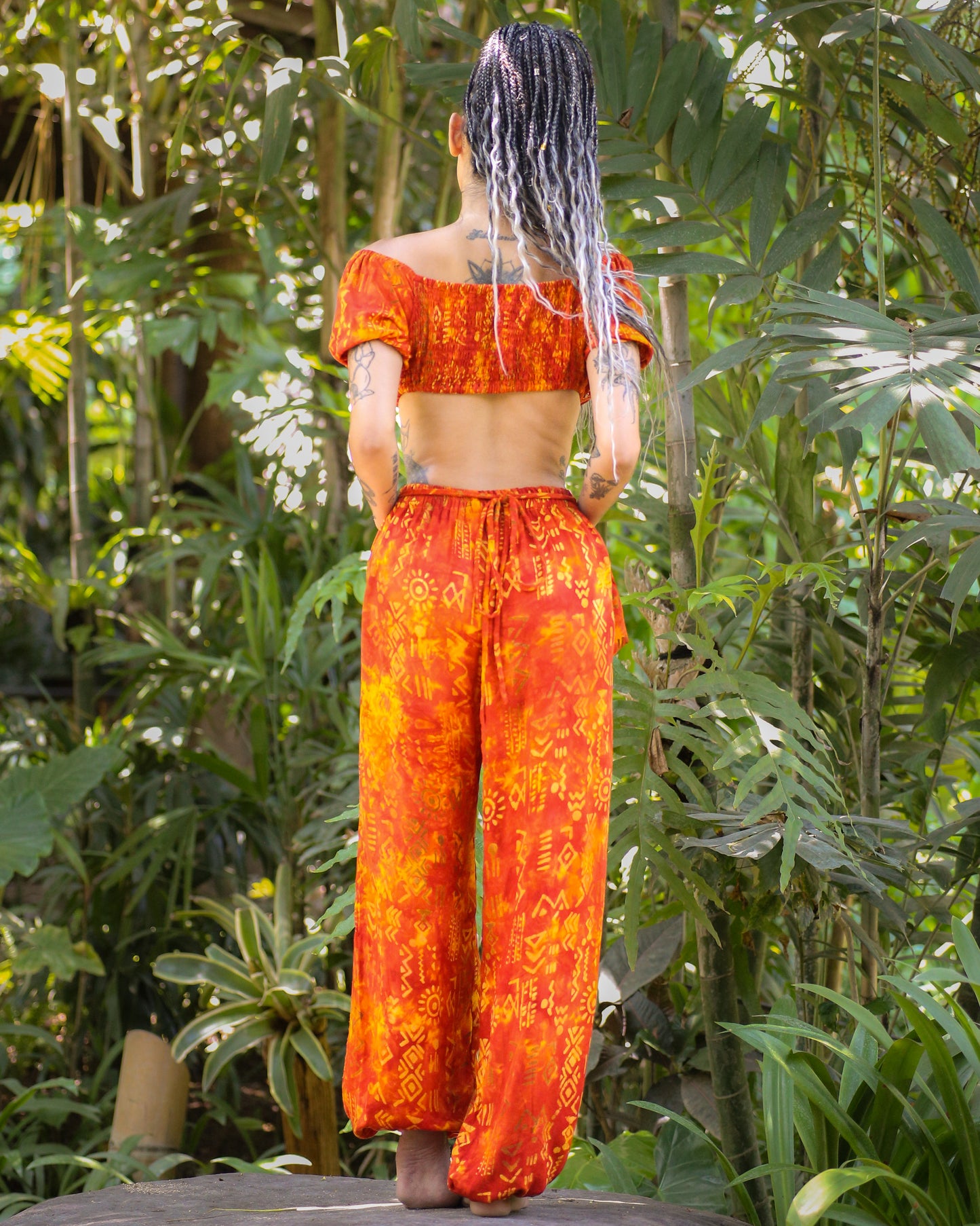 Jasmine Ring Top & Ring Split Pants Set (Orange Motif)