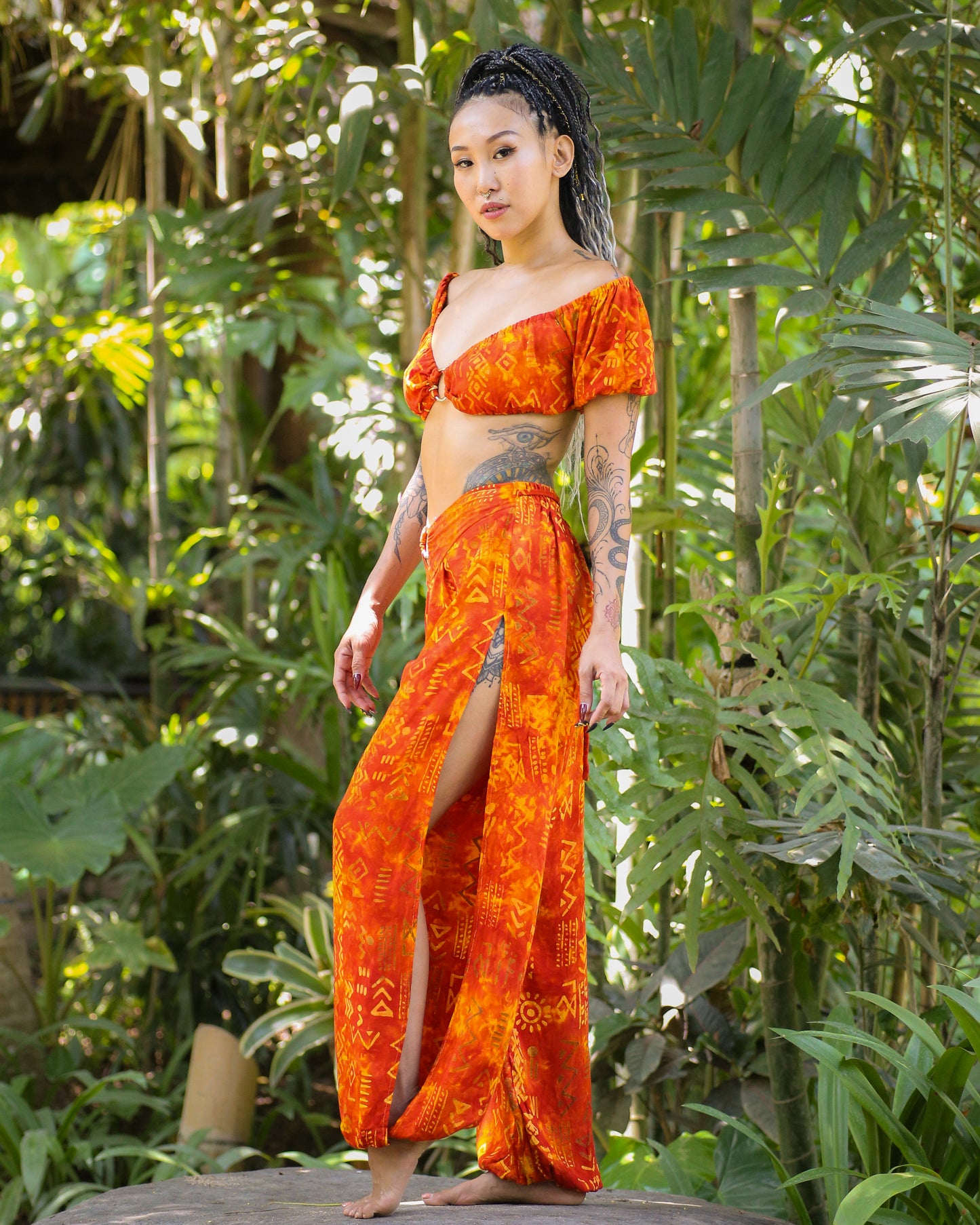 Jasmine Ring Top & Ring Split Pants Set (Orange Motif)