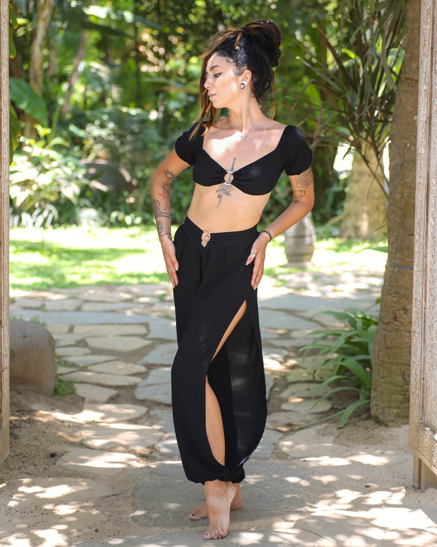 Jasmine Ring Top & Ring Split Pants Set (Black)