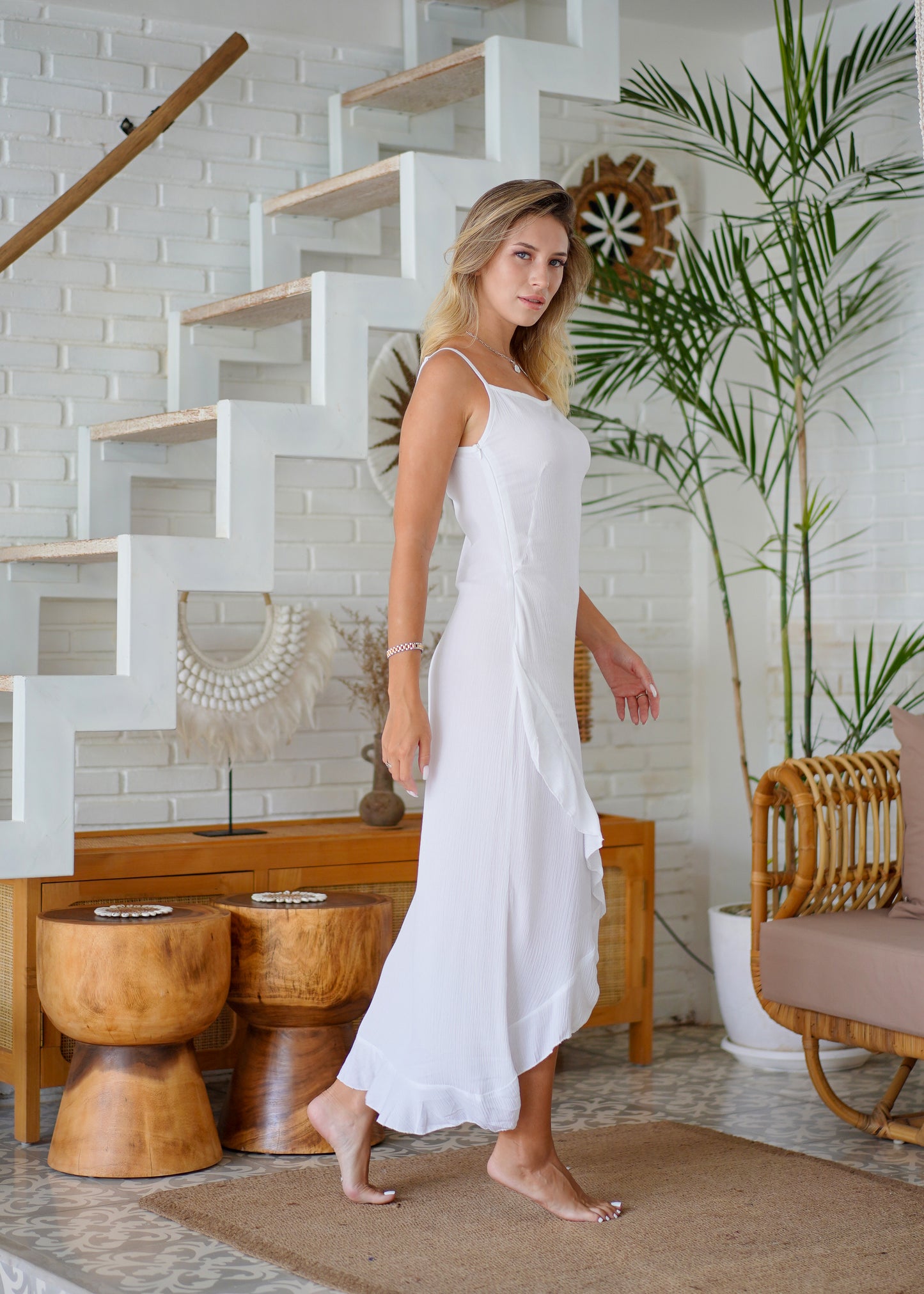 Crinkle Zip Slip Dress (White)