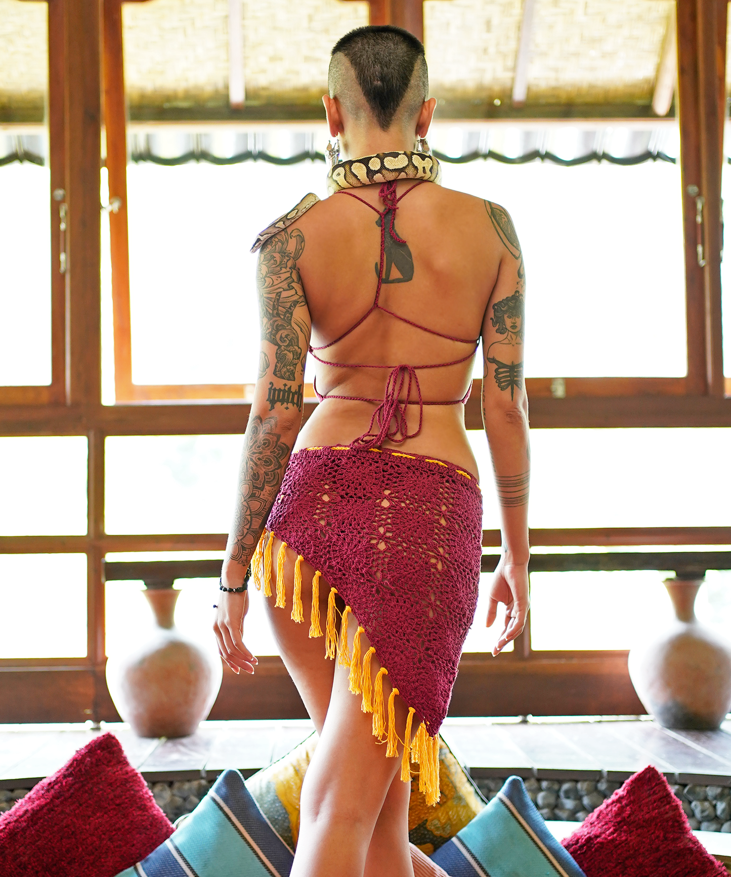 Crochet Mid-thigh Tassel Skirt (Burgundy)