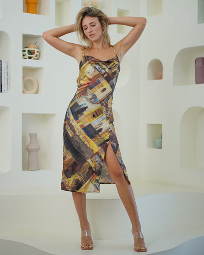 Daphne Silk Dress (Yellow Abstrac)