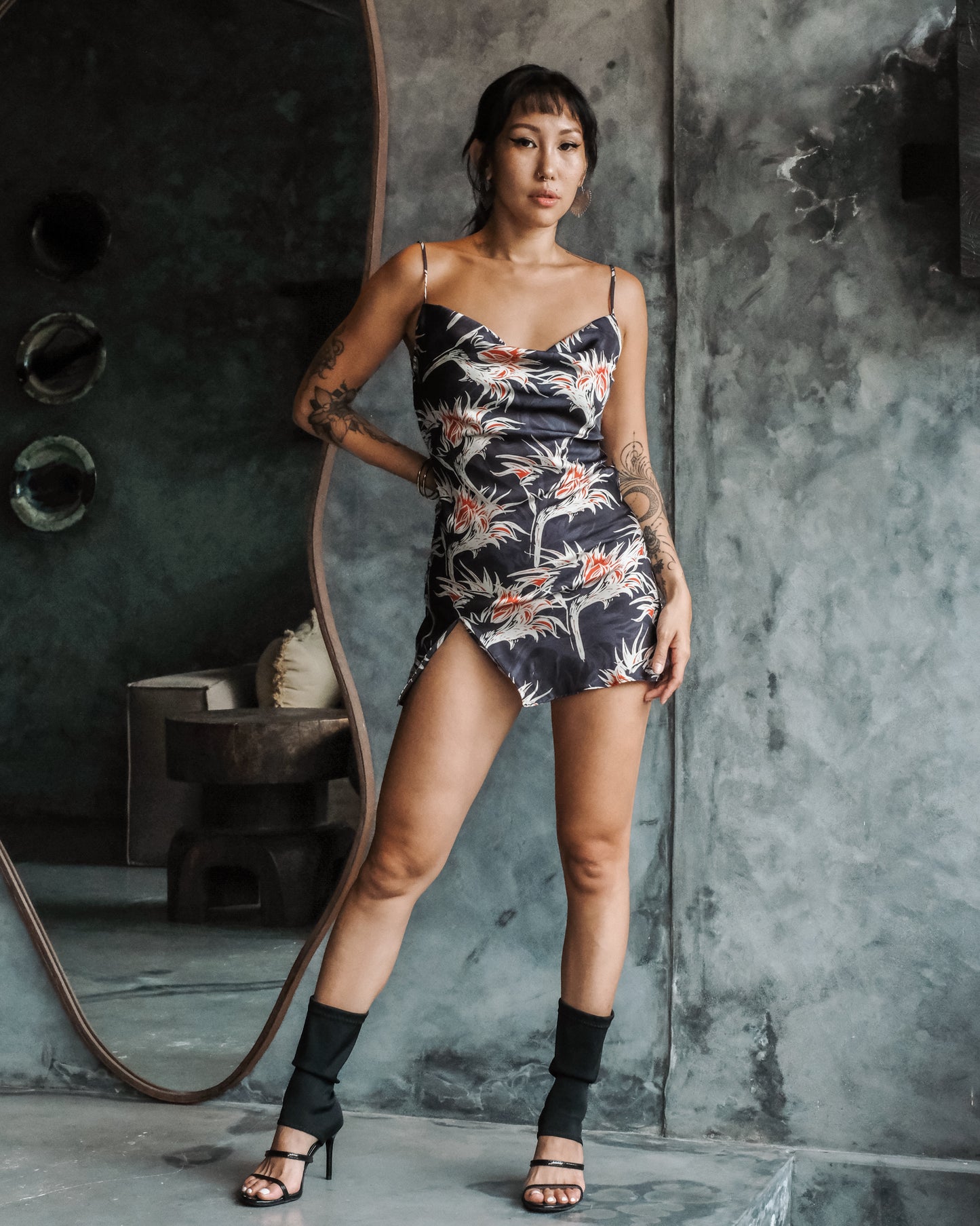 Penelope Mini Silk Slit Dress (Spider Lily)