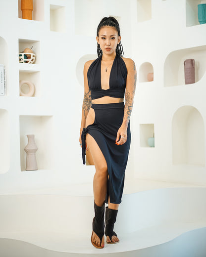 Halter Backless Top & Keyhole Midi Skirt