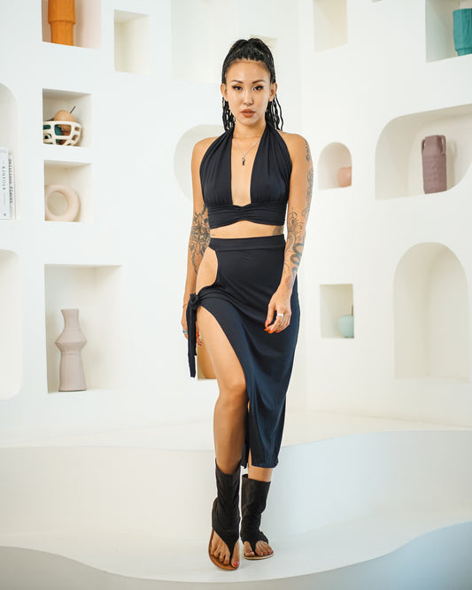 Halter Backless Top & Keyhole Midi Skirt