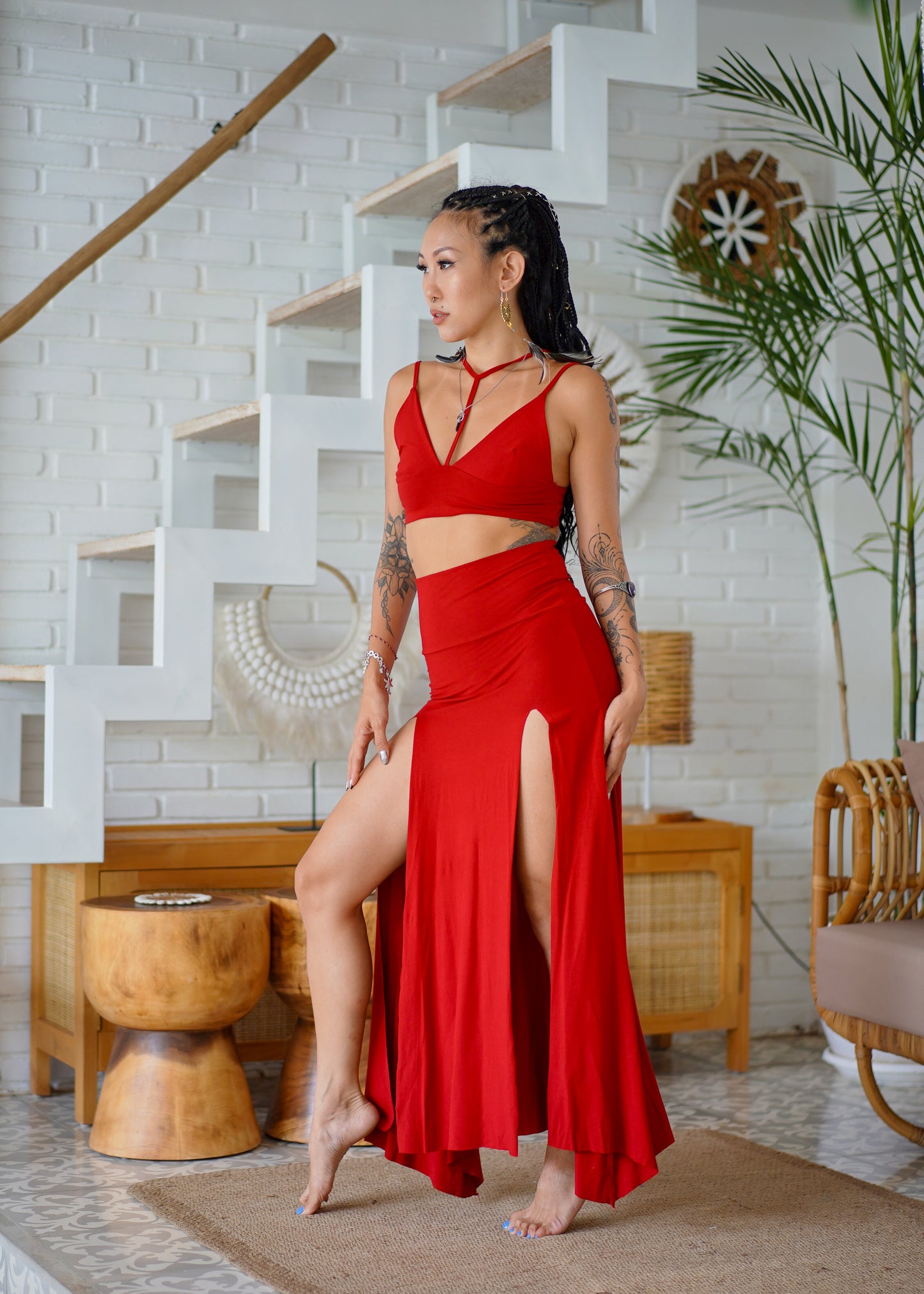 Lilith Choker Top & Double Split Skirt Red