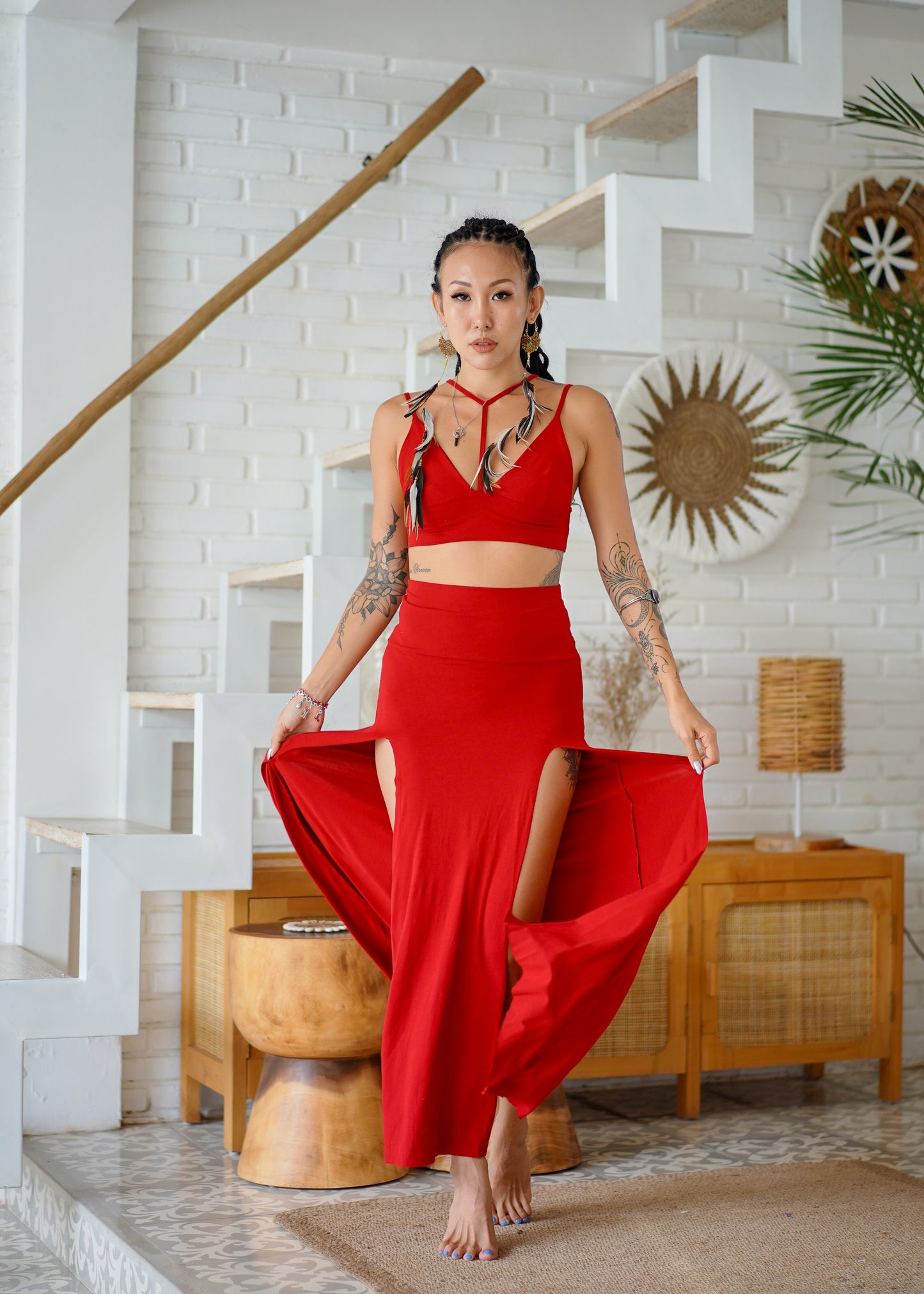 Lilith Choker Top & Double Split Skirt Red