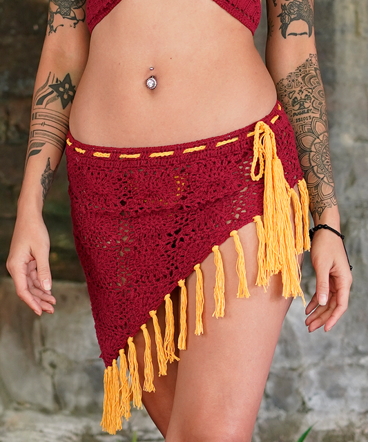 Crochet Mid-thigh Tassel Skirt (Burgundy)