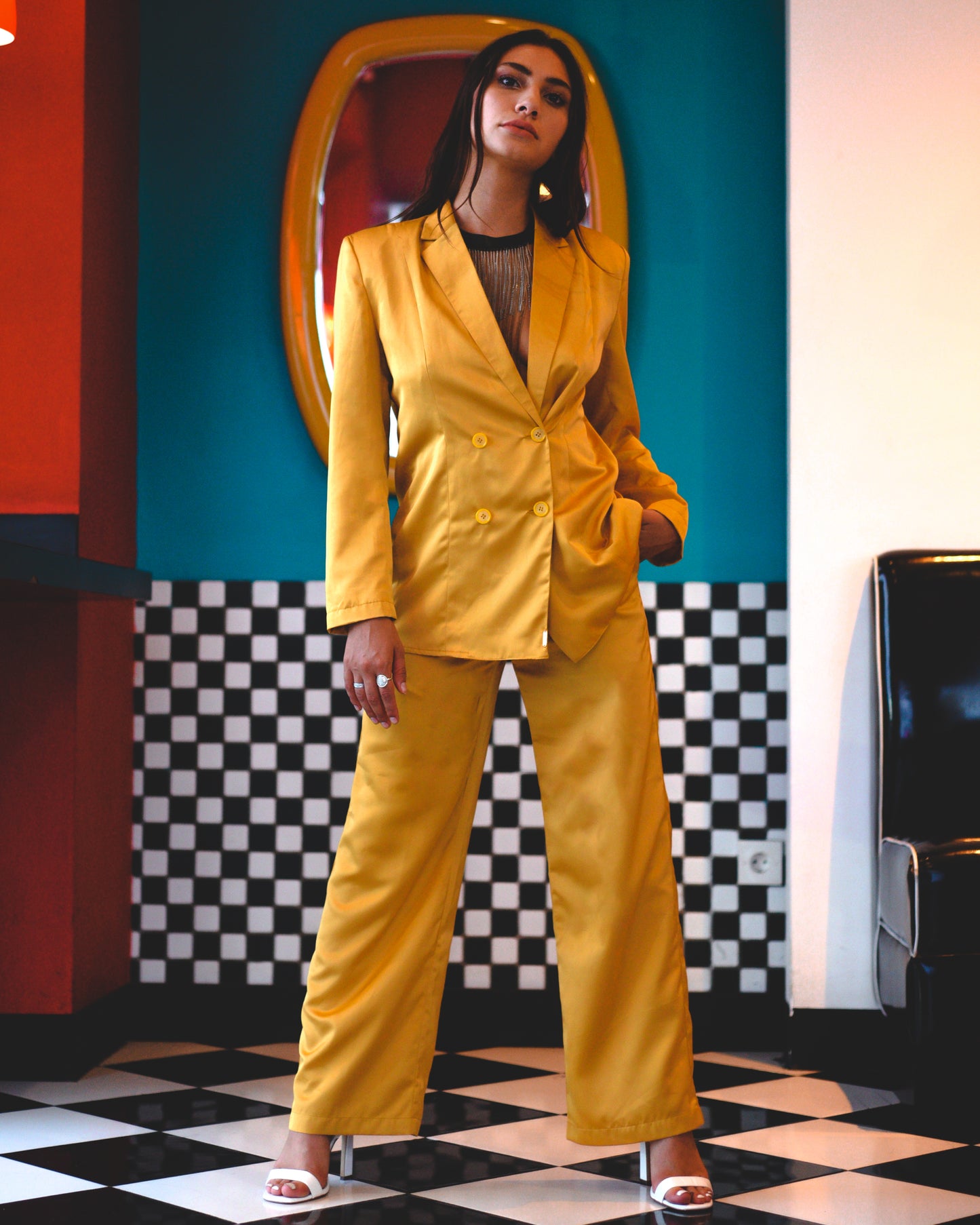 Lemon Disco Cisco Satin Pantsuit